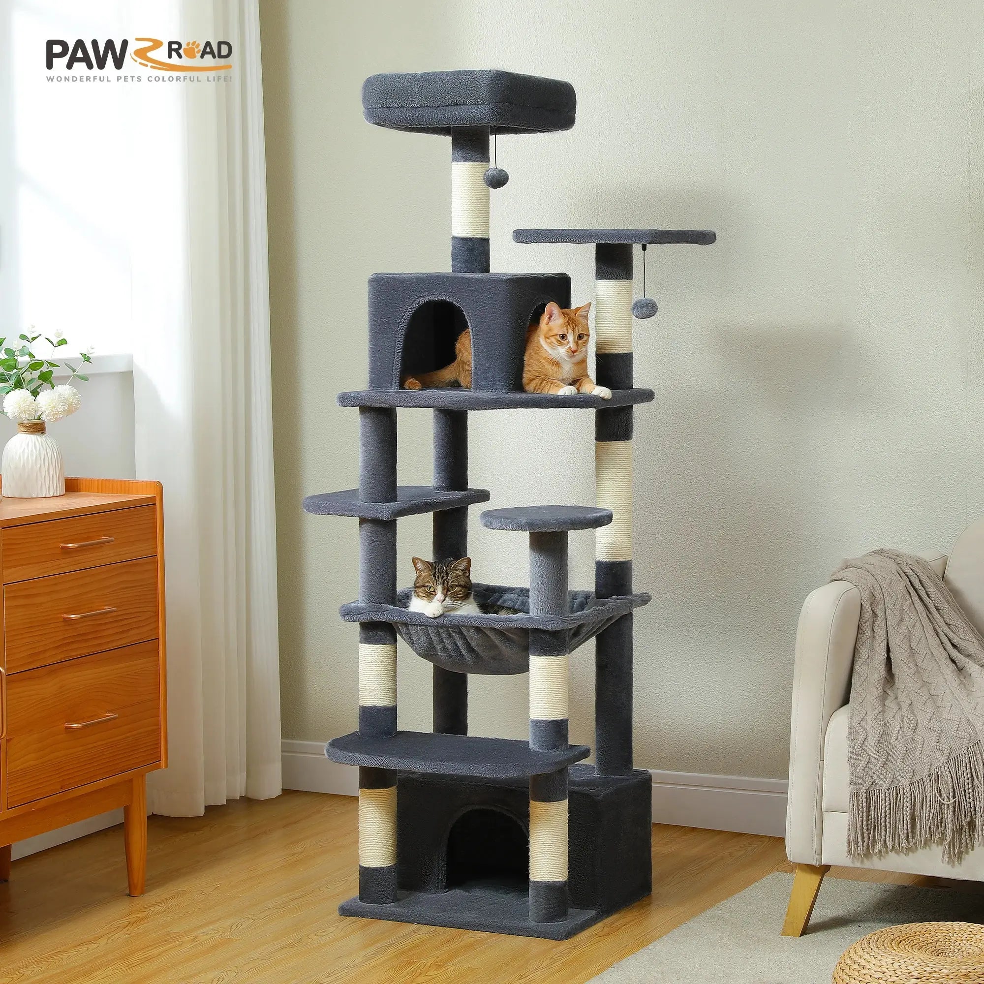184cm Large Cat Tree and Tower for Indoor Cats With Sisal-Covered Scratching Posts Spacious Hammock Padded Perches and Condos Nova Trendz