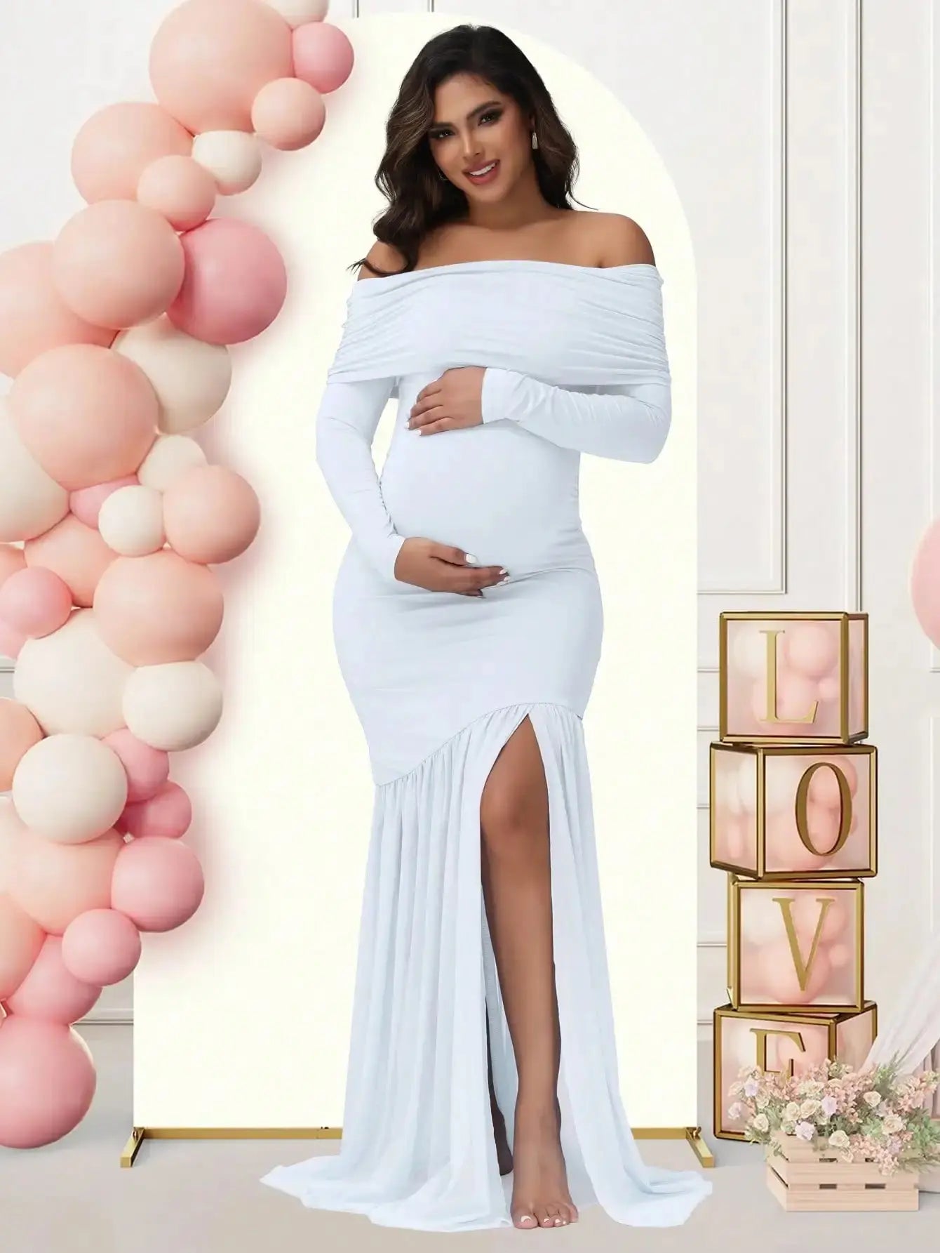 Maternity Dresses Photoshoot Off-Shoulder Slits Fishtail Hem Baby Shower Clothes For Pregnant Woman Evening Party Elegant Gown Nova Trendz