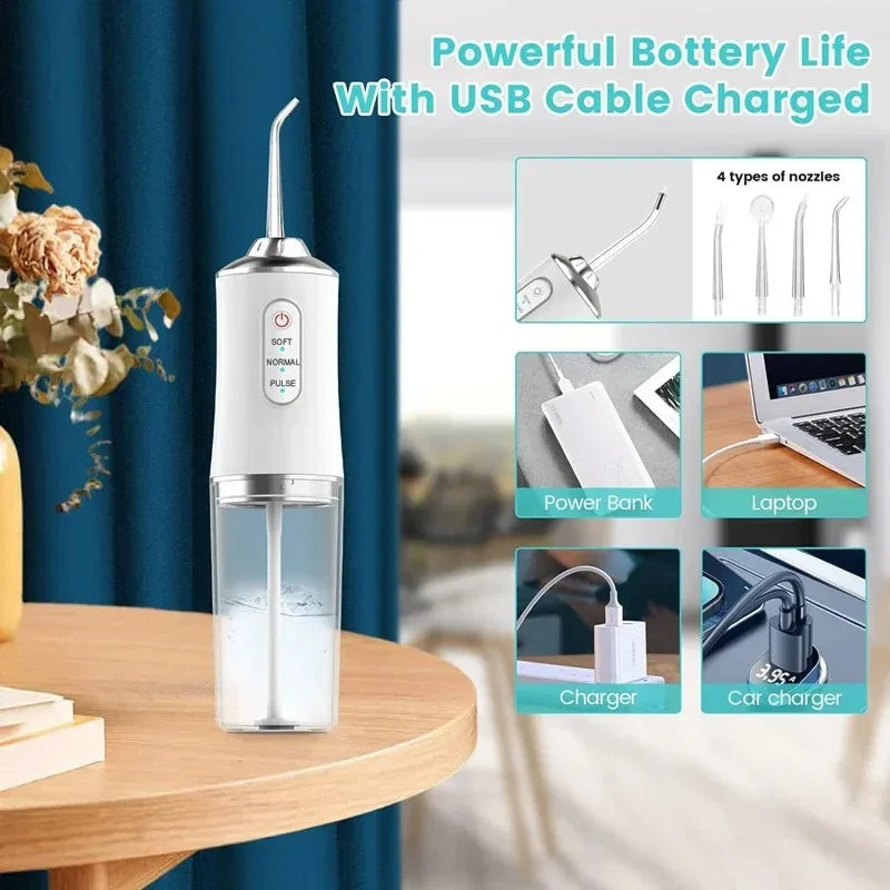 Powerful Battery Electric Pick Ipx7 3 Modes Rechargeable Teeth Cleaning Replacement Tips Oral Irrigator Water Dental Flosser