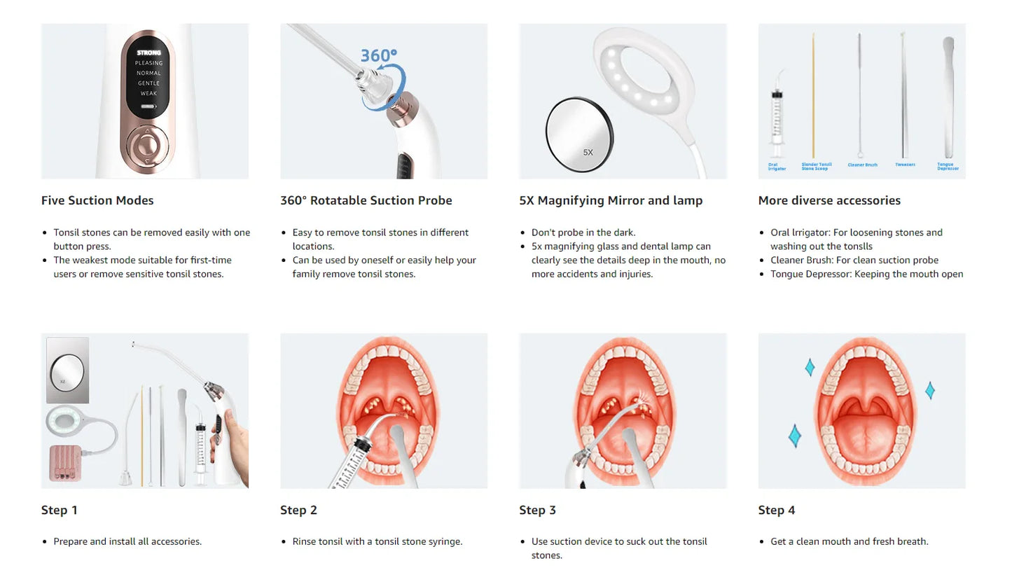 Electronic Vacuum Tonsil Stone Remover Kit with 5 Suction Modes 10in1 Tonsil Stone Cleaner Mouth Cleaning Tool Oral Fresh Care