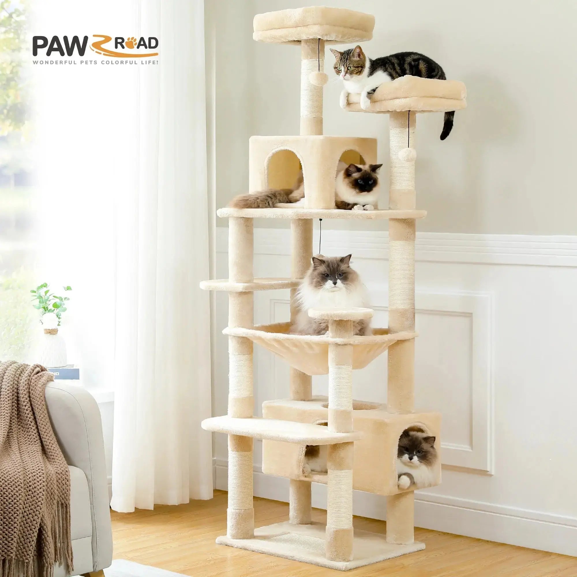 184cm Large Cat Tree and Tower for Indoor Cats With Sisal-Covered Scratching Posts Spacious Hammock Padded Perches and Condos Nova Trendz