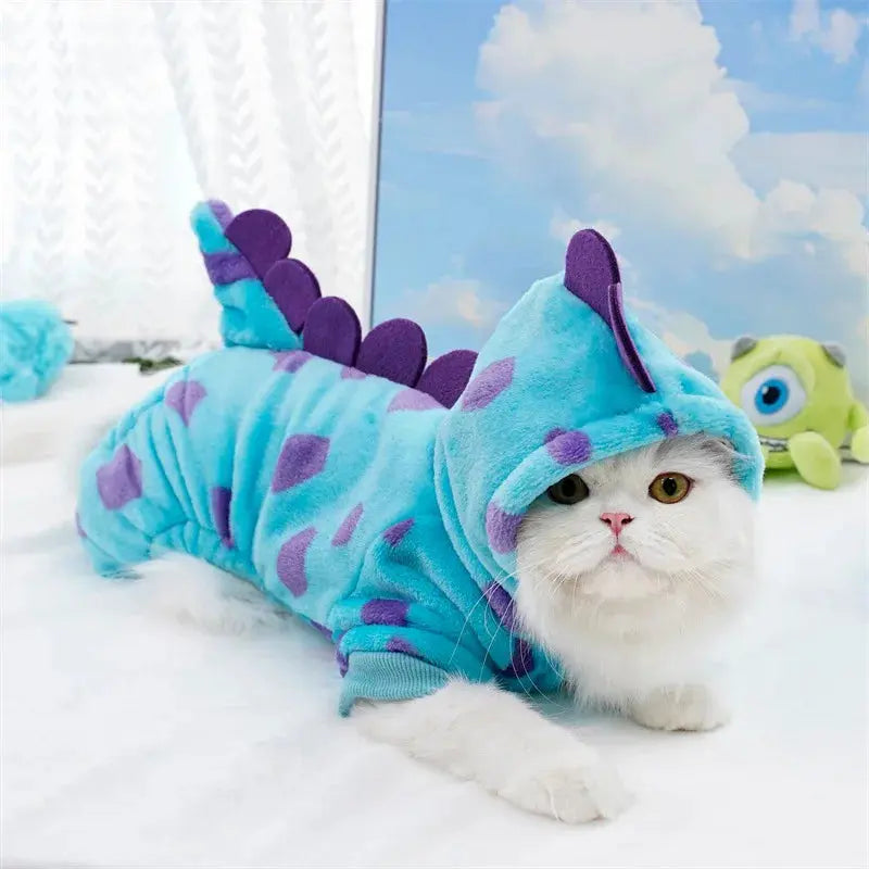Cosplay Dinosaur Dog Halloween Costume for Small Dogs Dress Up Hoodies Thermal Velvet Padded Dog Pajamas Winter Puppy Jumpsuit - Nova Trendz