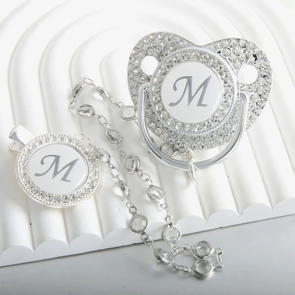 Initial Letter Siliver Baby Pacifier With Colorful Gem BPA Free Luxury Silver Dummy Soother Chupeta Weaning Pacifier