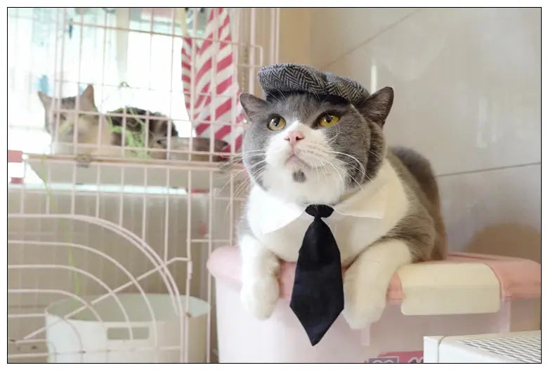 Funny Pet Cat Hat Gentleman's Hat Beret Tie Bathing Blood Gangster Handsome Cosplay Photo Prop Dog Halloween Costume Nova Trendz