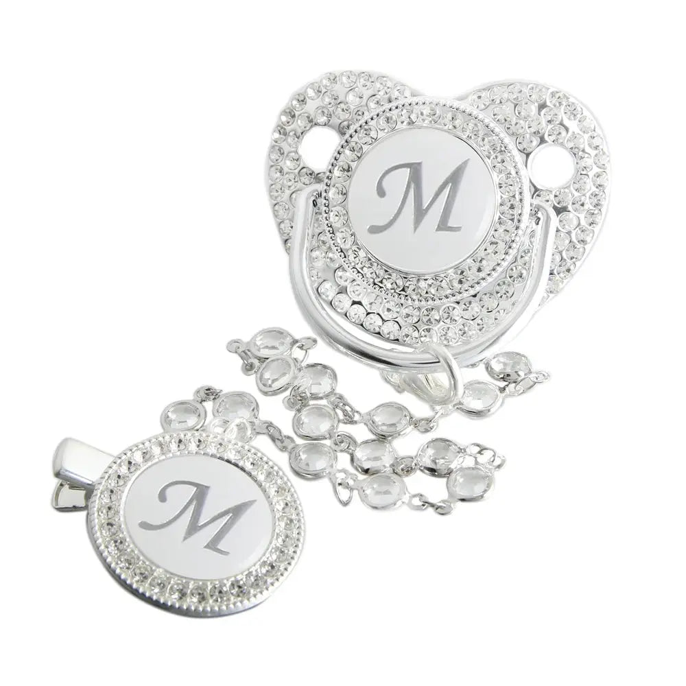 Initial Letter Siliver Baby Pacifier With Colorful Gem BPA Free Luxury Silver Dummy Soother Chupeta Weaning Pacifier Nova Trendz