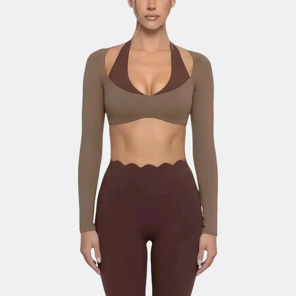 Women's Fake Two-Piece Sports Long Sleeve Halter Neck Pilates Yoga Shirt Slim Fit Fitness Sports Top Leggings Workout Tights - Nova Trendz