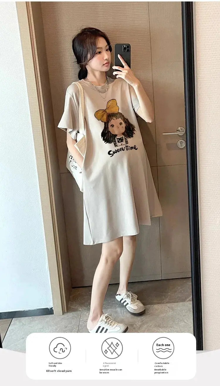 Maternity Summer Dress New Maternity Dress Fashionable Casual Sweet Age Reduction Loose Large Size Small T-Shirt Skirt Nova Trendz
