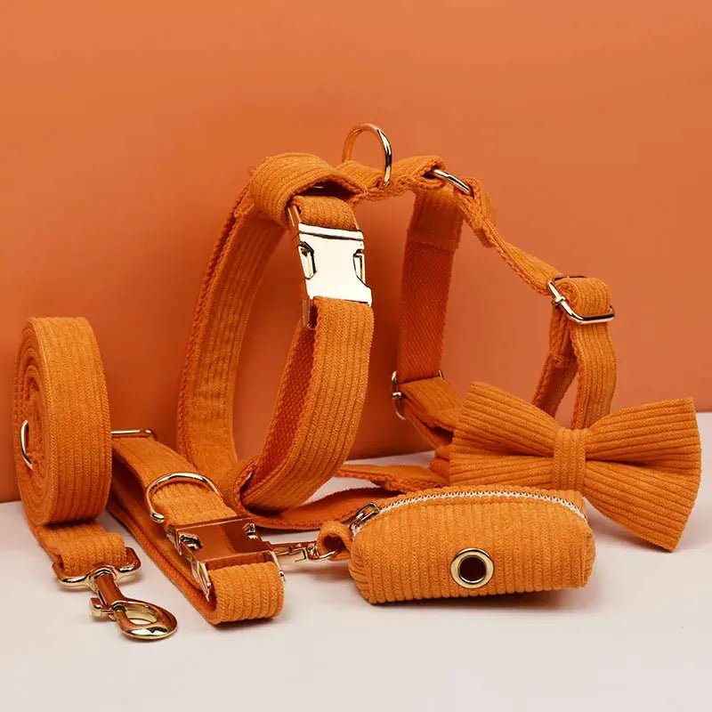 Orange Corduroy Dog Collar And Leash Set For Dogs Custom Engraved Nameplate Pet Supplies Dog Leash Corduroy11 Nova Trendz