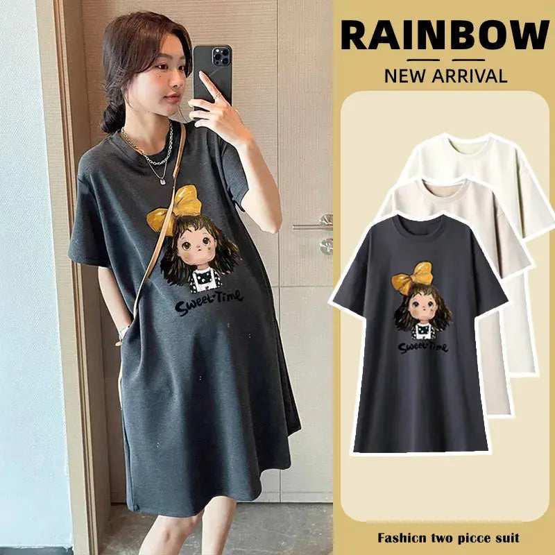 Maternity Summer Dress New Maternity Dress Fashionable Casual Sweet Age Reduction Loose Large Size Small T-Shirt Skirt Nova Trendz