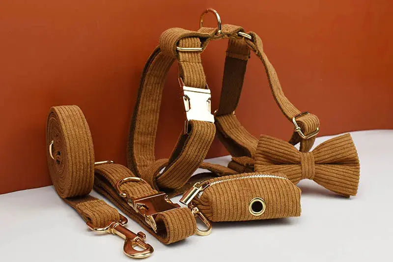 Caramel Corduroy Dog Collar And Leash Set For Dogs Custom Engraved Nameplate Pet Supplies Dog Leash Corduroy01 - Nova Trendz