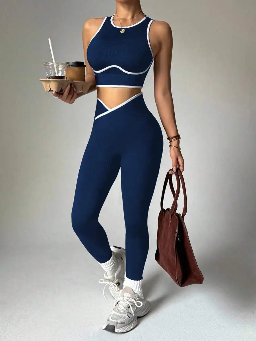 Contrast Trim Hollow Back Camisole And Leggings 2 Piece Sports Suit Breathable Slim Fitness Yoga Workout Tracksuit For Women Nova Trendz