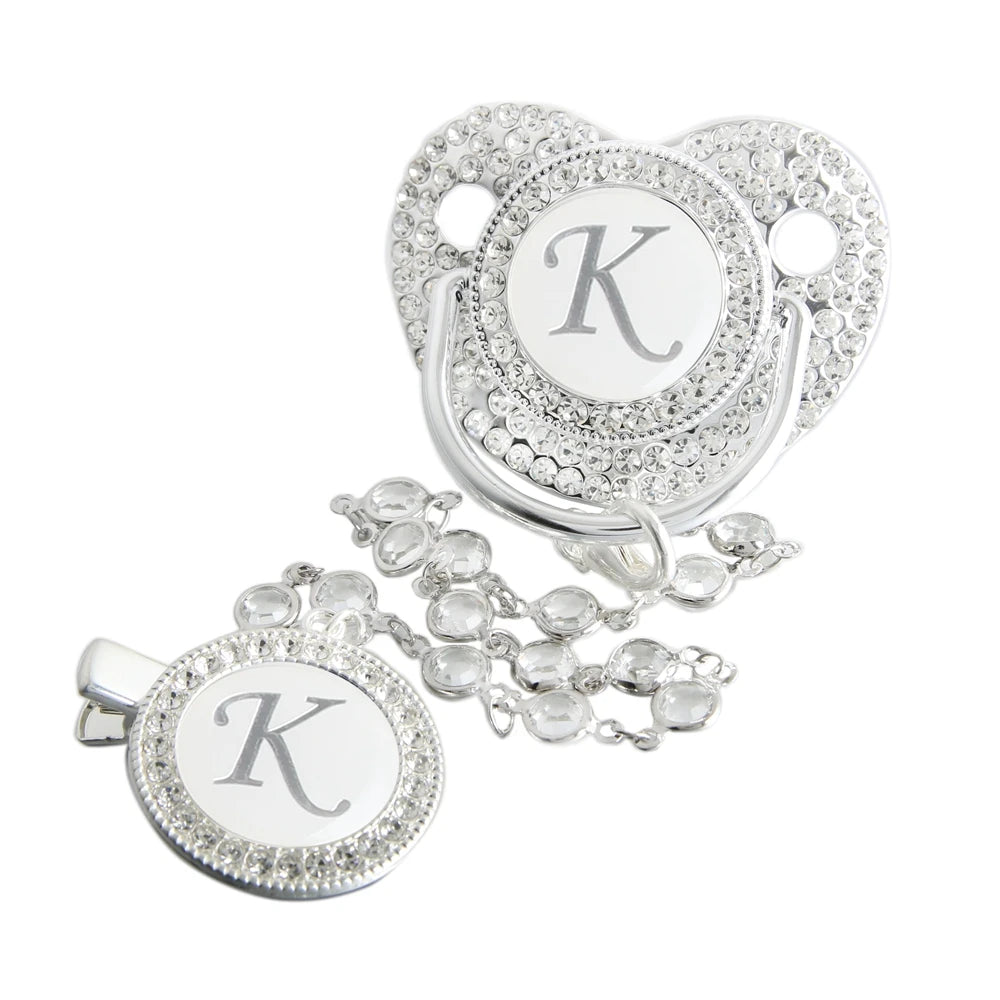 Initial Letter Siliver Baby Pacifier With Colorful Gem BPA Free Luxury Silver Dummy Soother Chupeta Weaning Pacifier