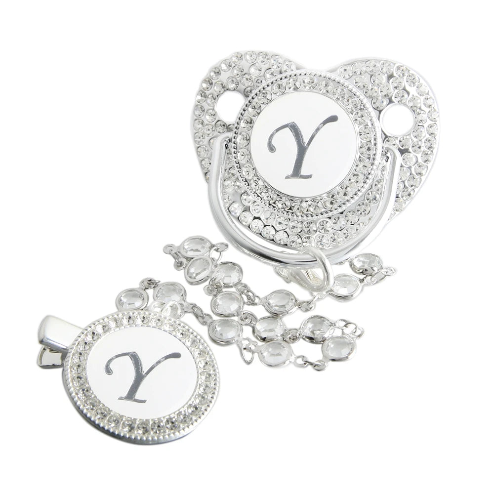 Initial Letter Siliver Baby Pacifier With Colorful Gem BPA Free Luxury Silver Dummy Soother Chupeta Weaning Pacifier