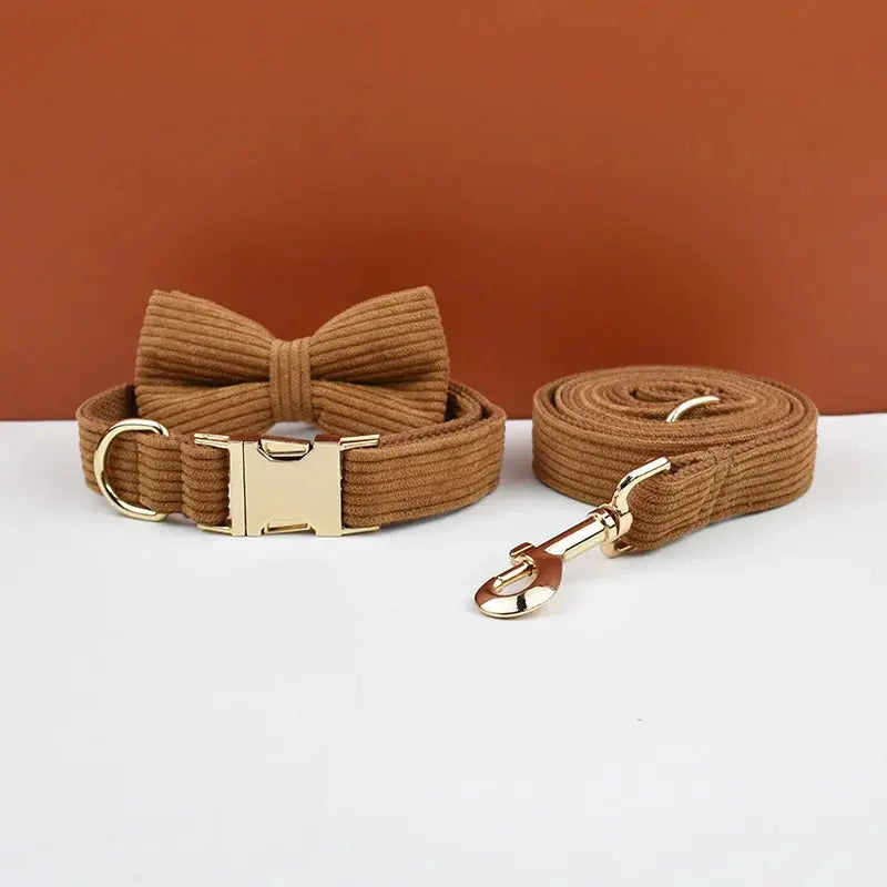 Caramel Corduroy Dog Collar And Leash Set For Dogs Custom Engraved Nameplate Pet Supplies Dog Leash Corduroy01 - Nova Trendz