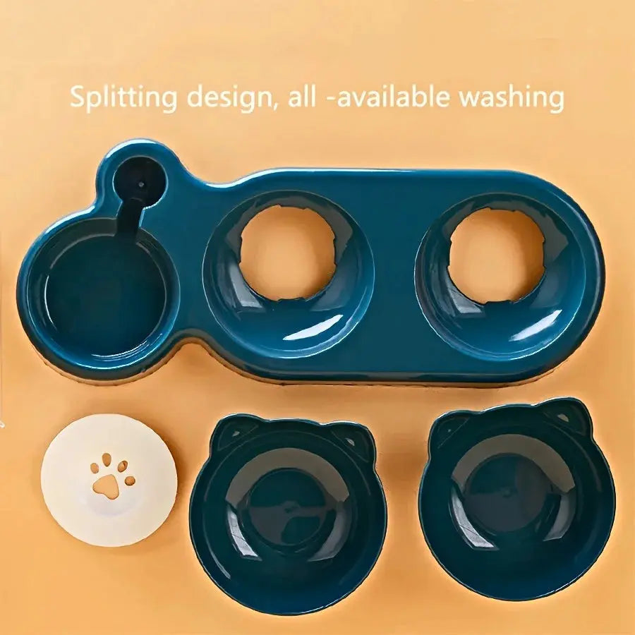 Pet Bowls With Water Feeder, 3 In 1 Ear Design Tilted Cat Water And Food Bowl Set With Gravity Water Bottle For Neck Protection - Nova Trendz