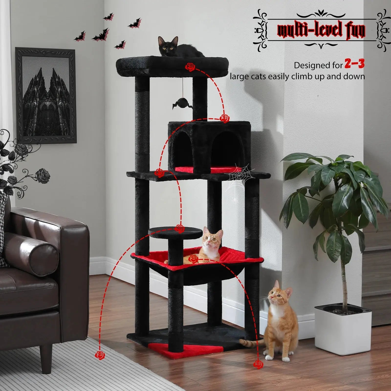 Gothic Cat Tree for Indoor Cats, Tall Cat Tower with Super Large Hammock, Sisal Covered Scratching Post Cozy Condo Top Perch - Nova Trendz