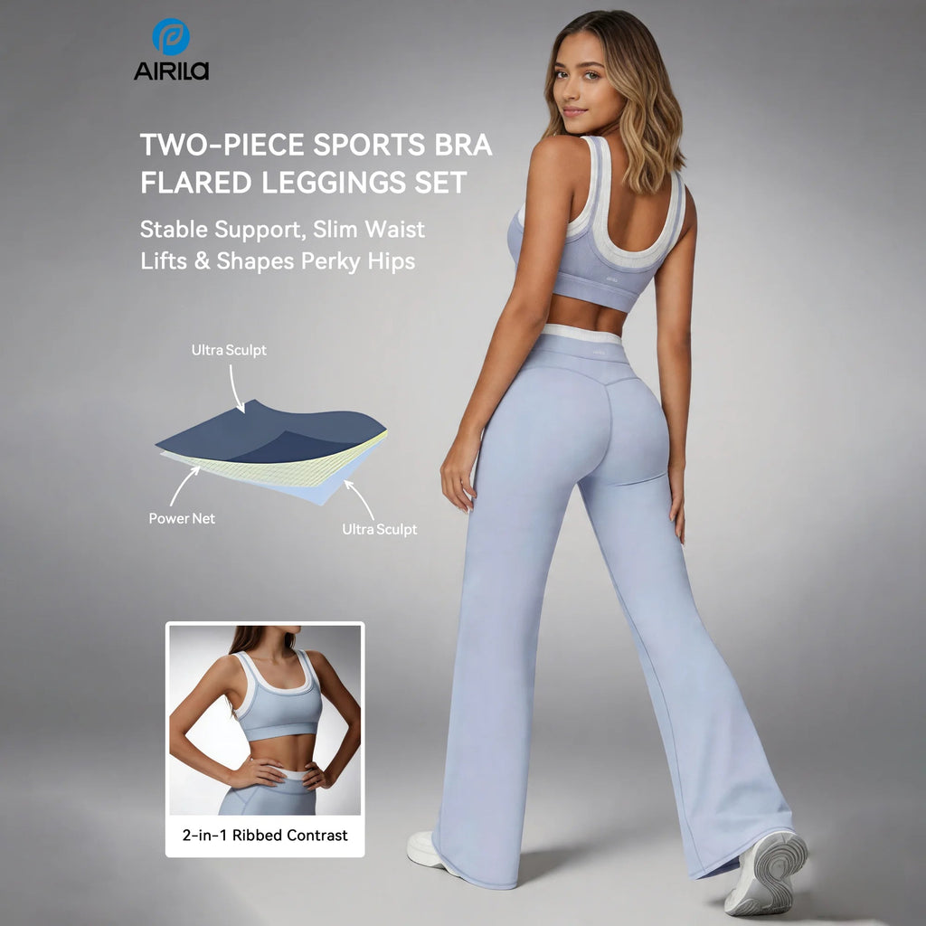 Airila Women's Yoga Set 2 Pcs Sportswear Color Blocked Tracksuit High Waist Flare Crop Top Athletic Gym & Daily Fitness Nova Trendz