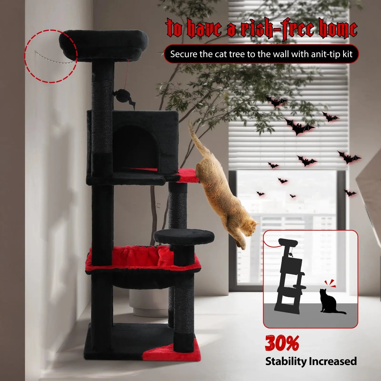 Gothic Cat Tree for Indoor Cats, Tall Cat Tower with Super Large Hammock, Sisal Covered Scratching Post Cozy Condo Top Perch - Nova Trendz