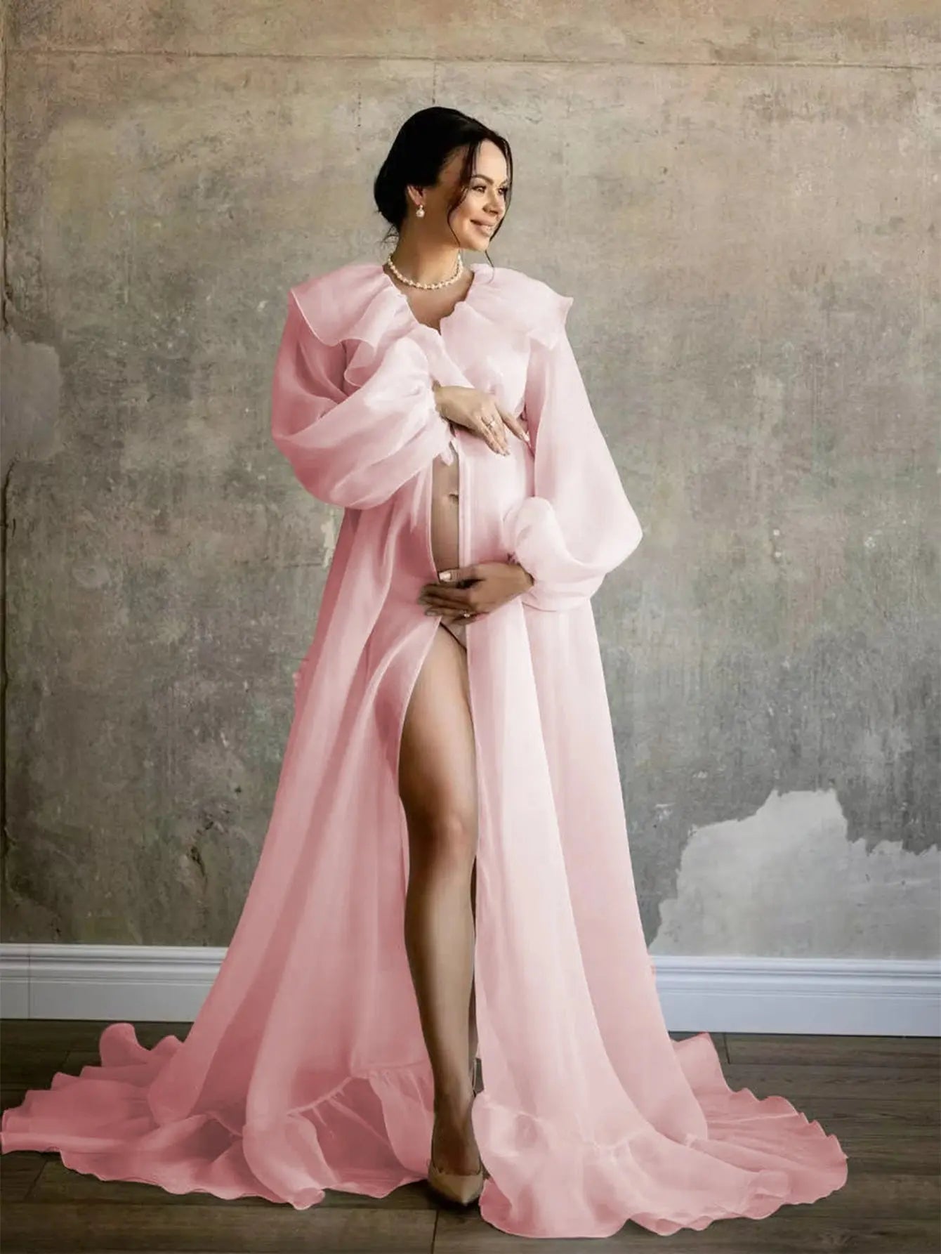 Maternity Photo Shoot Long Chiffon Dress Ruffle Neck Lantern Sleeve With Tie Cord Pregnancy Robe For Baby Shower Nova Trendz