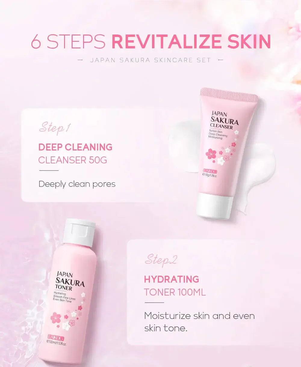 LAIKOU Sakura Skin Care Sets Facial Cleanser Eye Creams Face Cream Serum Lotion Toner Brightening Moisturizing Face Care Kit Nova Trendz