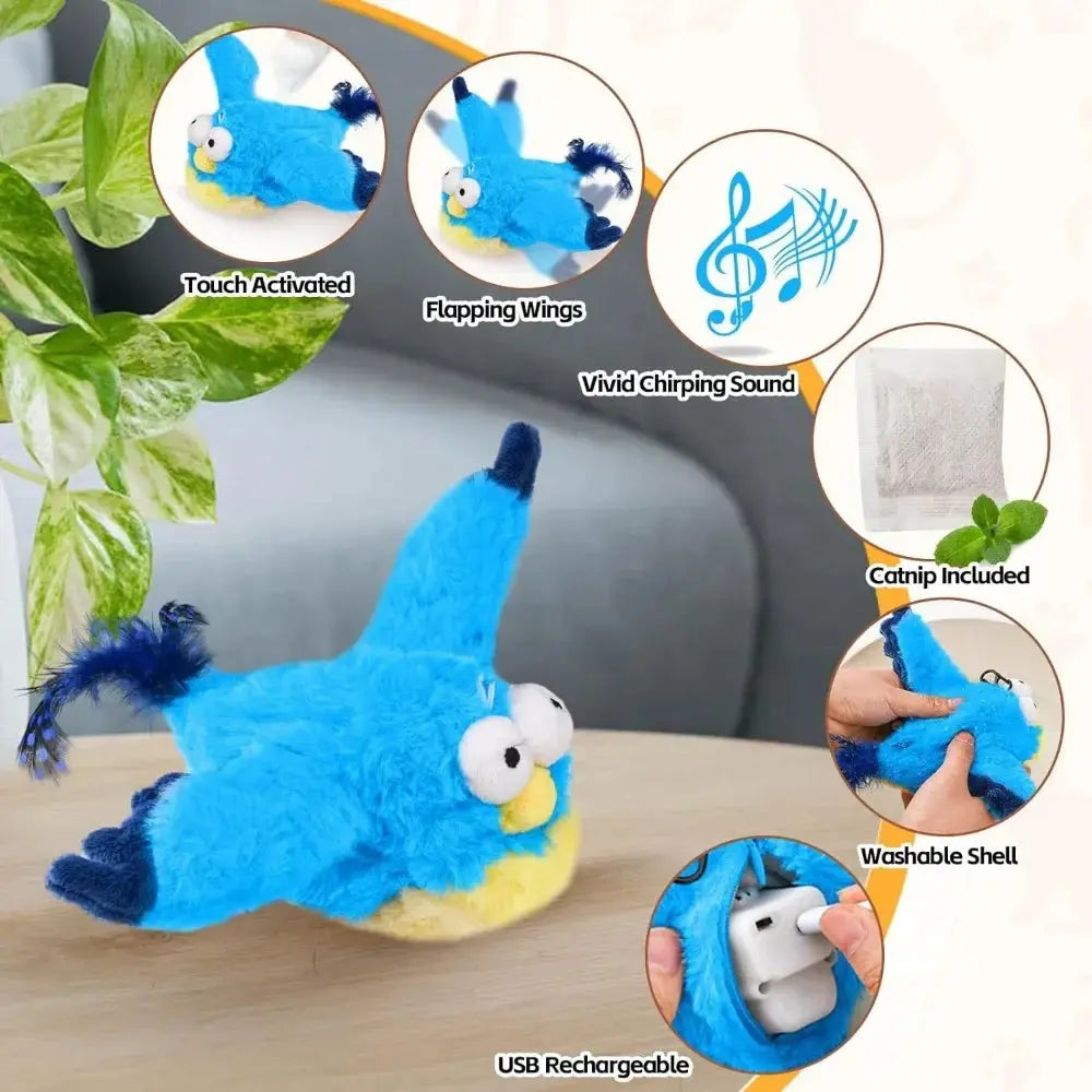 Interactive Cat Toys Rechargeable Electric Flapping Wings Bird Cat Toy Sound Chirping Bird Catnip Touch Activated Plush Toy Nova Trendz
