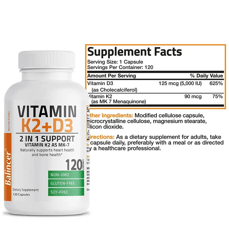 Vitamin D3 K2 2-in-1 Support, Dietary Supplement, Natural Support for Heart and Bone Health, Highly Absorbed, 120 Capsules Nova Trendz