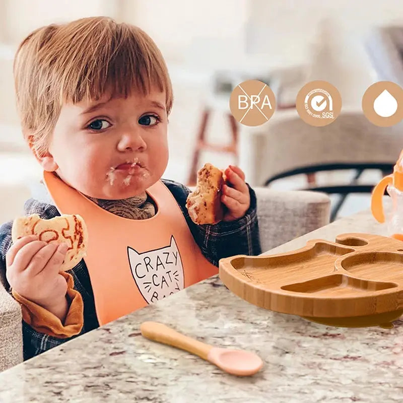 3Pcs Baby Bamboo Plate Silicone Suction Kids Wooden Feeding Tableware Non-slip Dinnerware Baby Tableware for Baby Birthday Gift Nova Trendz