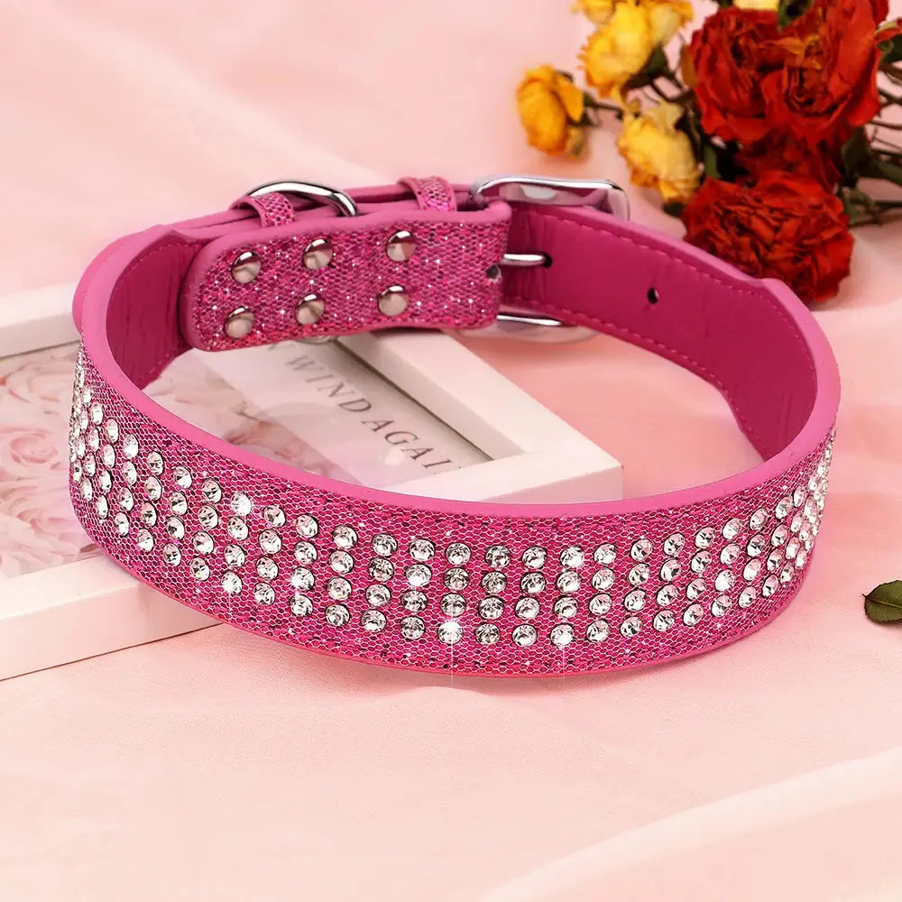 Bling Rhinestone Dog Collar Wide Leather Dogs Collars Glitter Diamond Pet Necklace Durable For Medium Large Dogs French Bulldog Nova Trendz