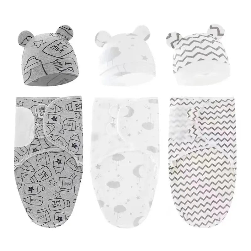 Baby Blanket Hat Set Cartoon Printed Cotton Newborn Swaddle Adjustable Infant Sleeping Swaddle Wraps All Seasons 0-6 Months - Nova Trendz