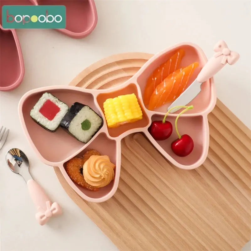 Baby Tableware Set BPA Free Silicone Bow Dish Tie Bowl Fork Food Plate Stainless Spoon Non-slip Tableware Newborn Feeding Tool Nova Trendz
