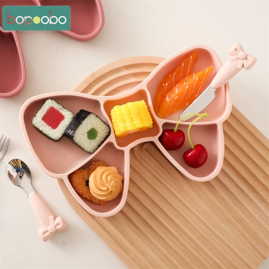 Baby Tableware Set BPA Free Silicone Bow Dish Tie Bowl Fork Food Plate Stainless Spoon Non-slip Tableware Newborn Feeding Tool