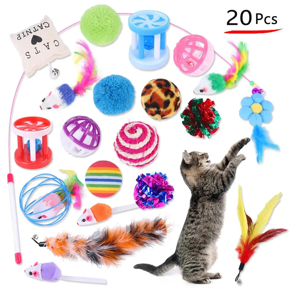 DualPet Kitten Toys Variety Cat Toy Combination Set Cat Toy Funny Cat Stick Sisal Mouse Bell Ball Cat Supplies 20 Piece Set - Nova Trendz