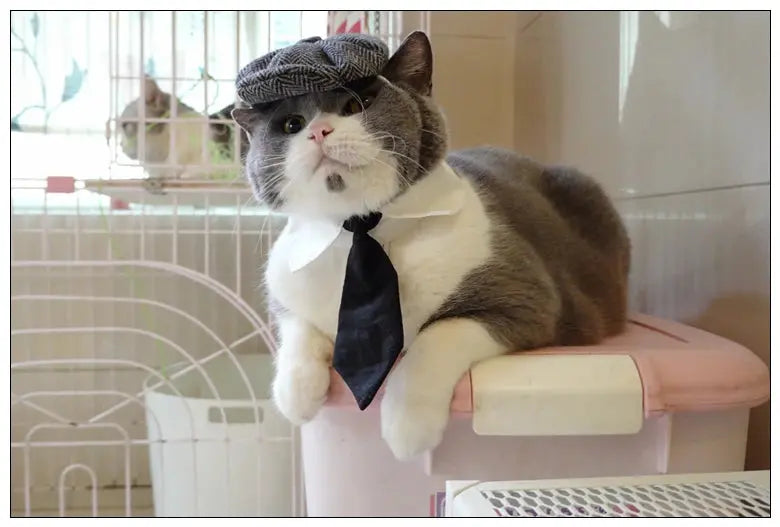 Funny Pet Cat Hat Gentleman's Hat Beret Tie Bathing Blood Gangster Handsome Cosplay Photo Prop Dog Halloween Costume Nova Trendz