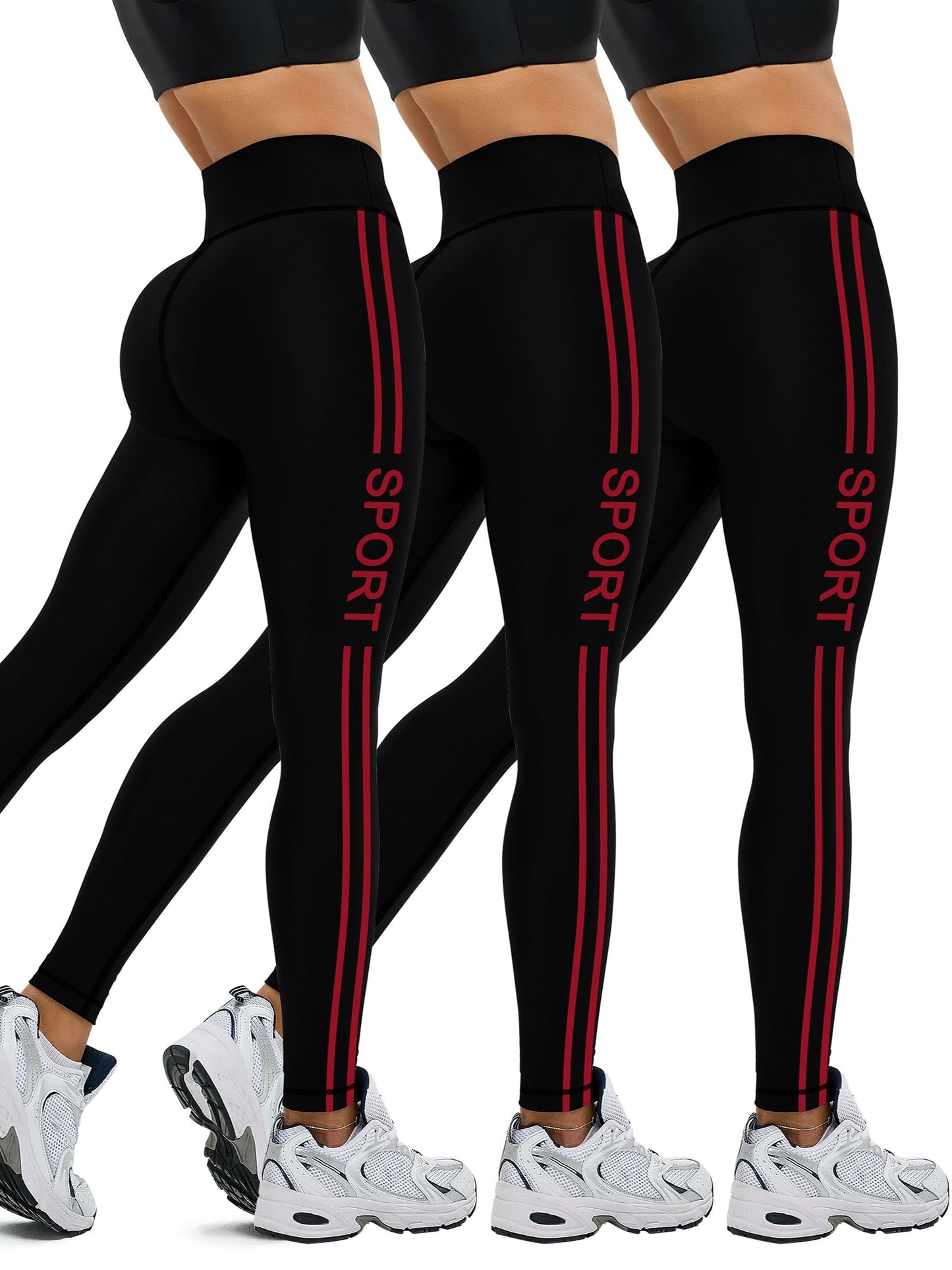 [Popular Choice] 3pcs Side Stripe Letter Print Running Training Fitness Yoga Black Tights, Outdoor Sports Exercise Elastic Abdominal High Waist Fashion Leggings, Women's Sportswear Tights