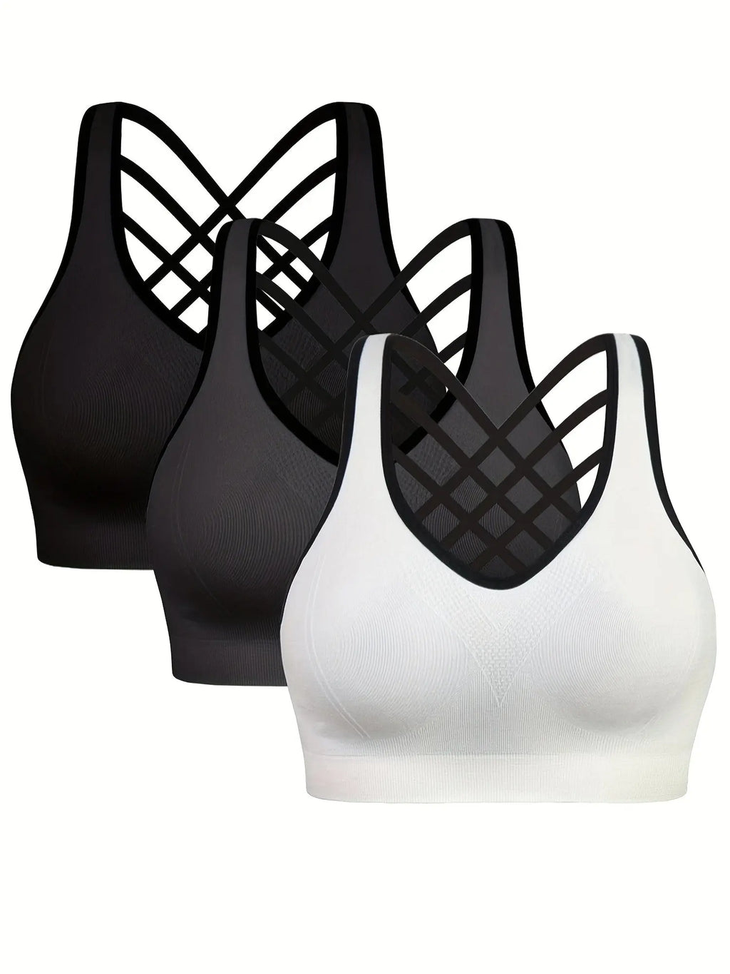 3pcs Women'S Sports Bra Set - Short, Removable Padding, Light Support, Cross Strap Design for Yoga & Exercise, Pink, White, and Blue Options, Yoga Apparel | Stylish Sports Bra | Comfortable Fit, Sports Bra Set Nova Trendz