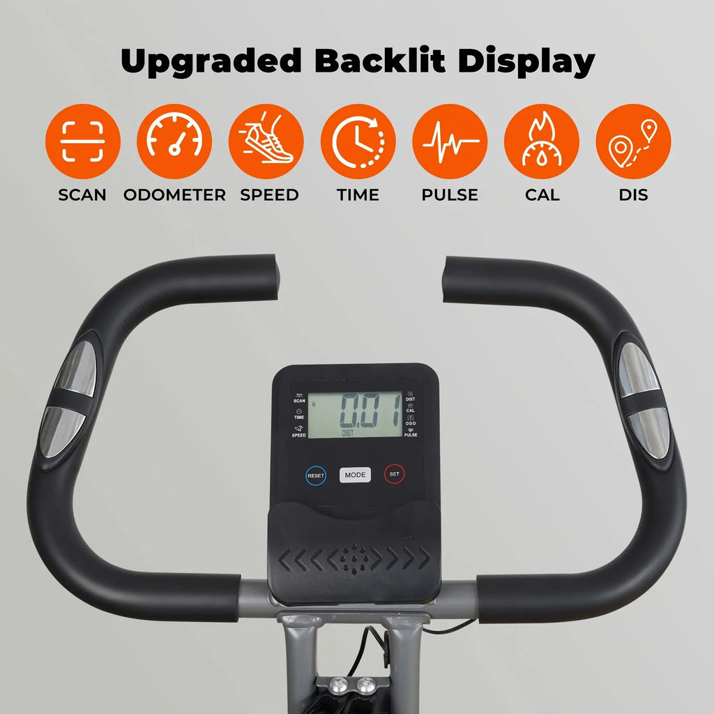 Folding Exercise Bike, Stationary Exercise Bike With Support Back Pad And Phone/Tablet Holder, Arm Resistance Band Pulse Sensor, LCD Monitor For Home Workout Nova Trendz