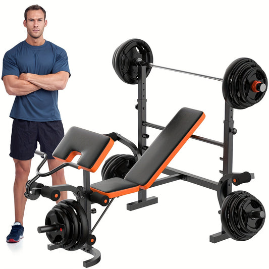 Stainless Steel Adjustable Weight Bench Set - Versatile Full-Body Workout Equipment with Squat & Preacher Curl Pads - Easy Assembly for Home Gym