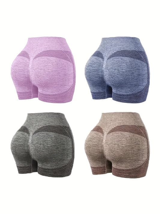 4-Piece High Waisted Seamless Sports Shorts Set - Ultra Comfortable, Breathable, Moisture-Wicking, Quick-Drying, Four-Way Stretch, Solid Color - Ideal for Yoga, Gym Exercise, Womens All-Season Sports Underwear