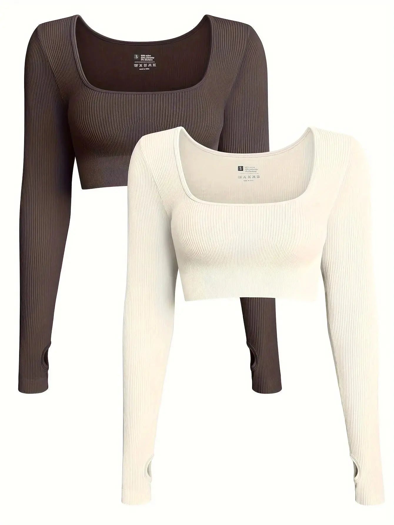 OQQ Women's 2 Piece Crop Top Ribbed Seamless Workout Exercise Long Sleeve Crop Tops Nova Trendz