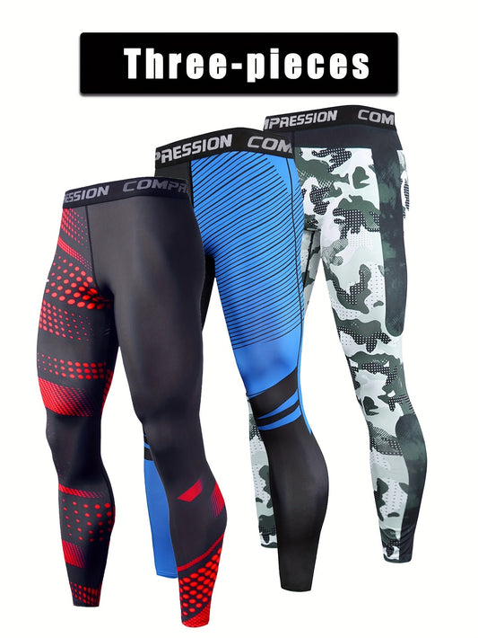 3-Piece High-Elasticity Men's Sports Compression Leggings, Athletic Quick-Dry Base Layer Capri Pants for Gym Fitness Running Exercise