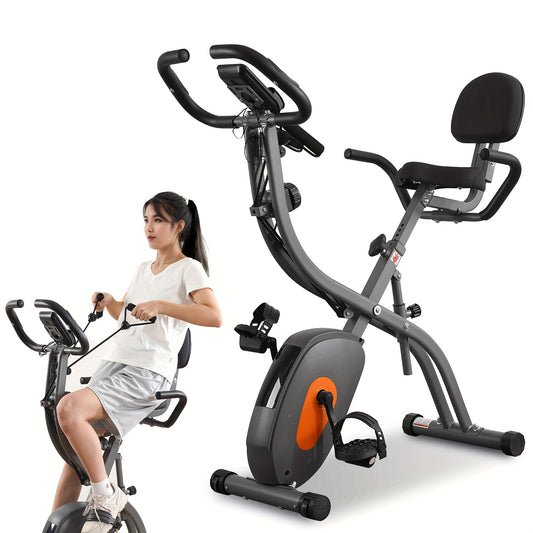 Folding Exercise Bike, Stationary Exercise Bike With Support Back Pad And Phone/Tablet Holder, Arm Resistance Band Pulse Sensor, LCD Monitor For Home Workout
