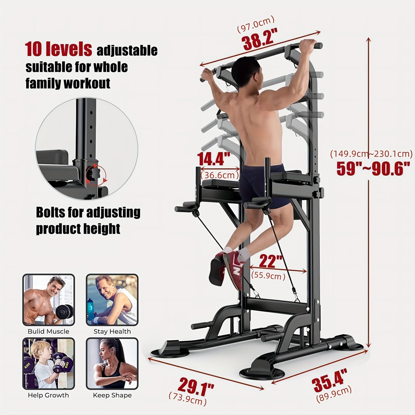 [Power Tower] Adjustable Power Tower | Pull Up Bar Stand Dip Station Workout Equipment Multi-Function Strength Training Exercise Equipment for Men Women Home Gym 330LBS