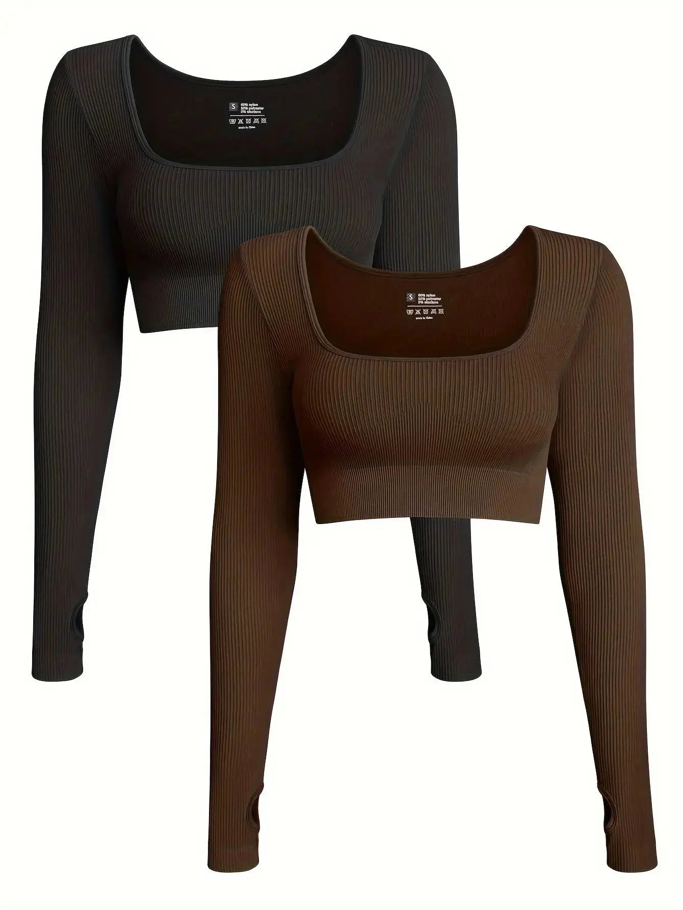 OQQ Women's 2 Piece Crop Top Ribbed Seamless Workout Exercise Long Sleeve Crop Tops Nova Trendz