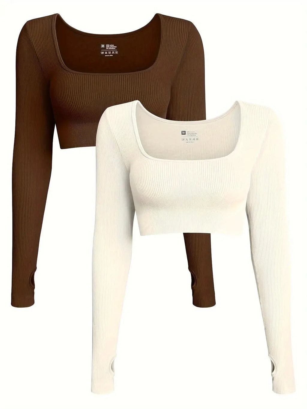 OQQ Women's 2 Piece Crop Top Ribbed Seamless Workout Exercise Long Sleeve Crop Tops Nova Trendz