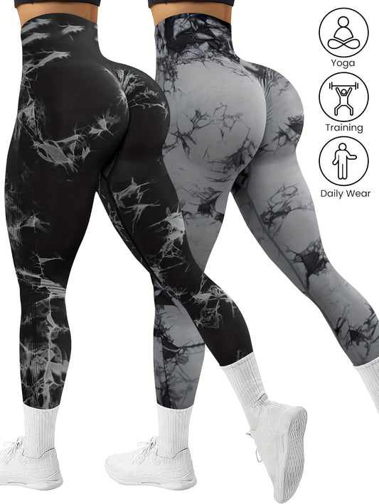 2-Pack Seamless High Stretch Women's Tie-Dye Sports Leggings, Athletic Workout Pants, Comfort Fit Activewear for Gym & Home Exercise