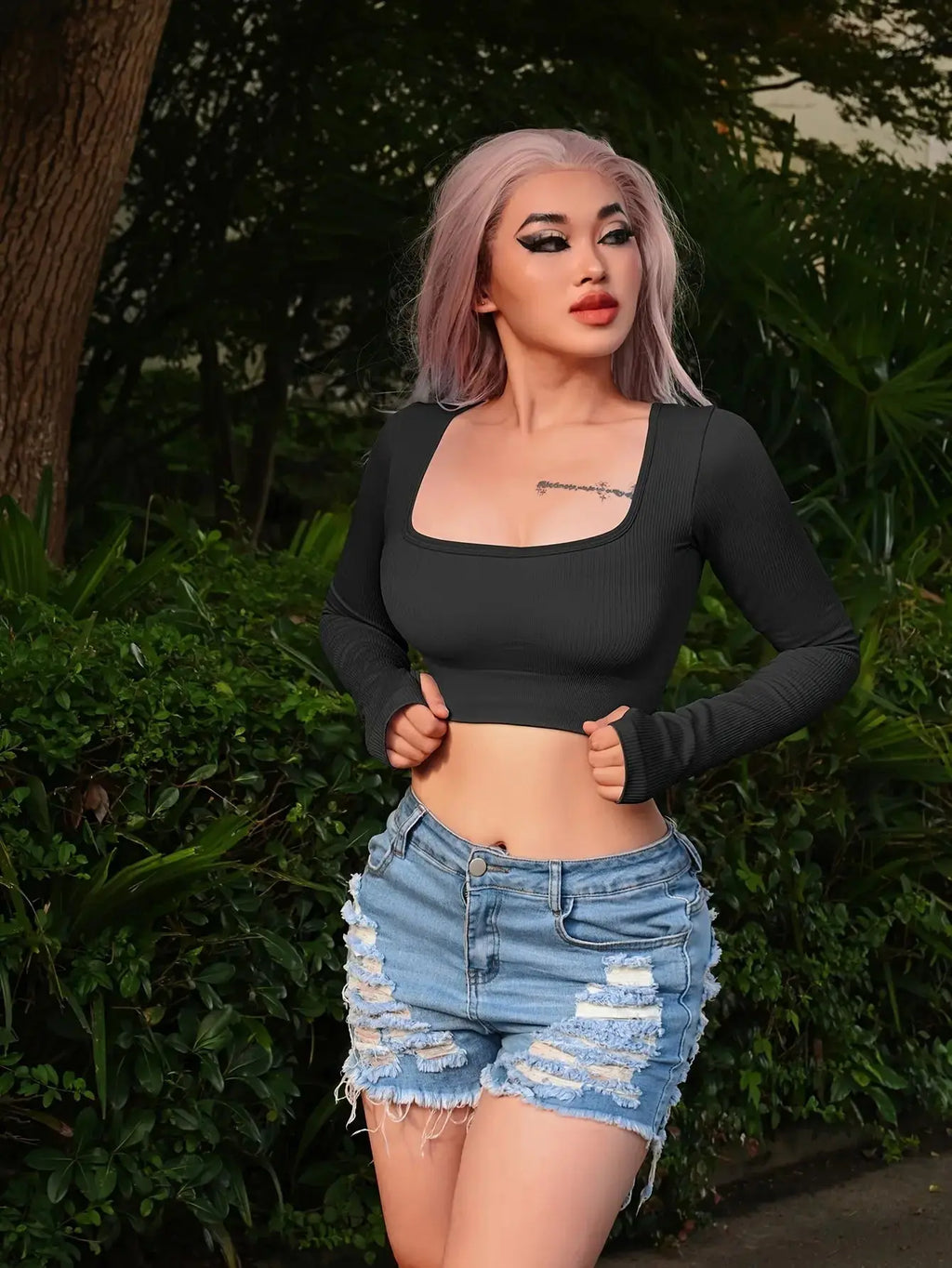 OQQ Women's 2 Piece Crop Top Ribbed Seamless Workout Exercise Long Sleeve Crop Tops Nova Trendz
