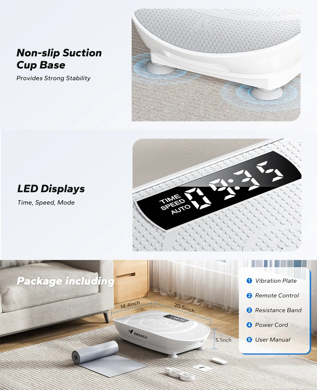 MERACH Vibration Plate Exercise Machine - Full Body Workout Equipment with Silicone Pedals, Digital Display & Remote Control, Perfect for Home Fitness, Leg Toning & Family Workouts, White, Home Fitness Equipment | Compact Exe Nova Trendz