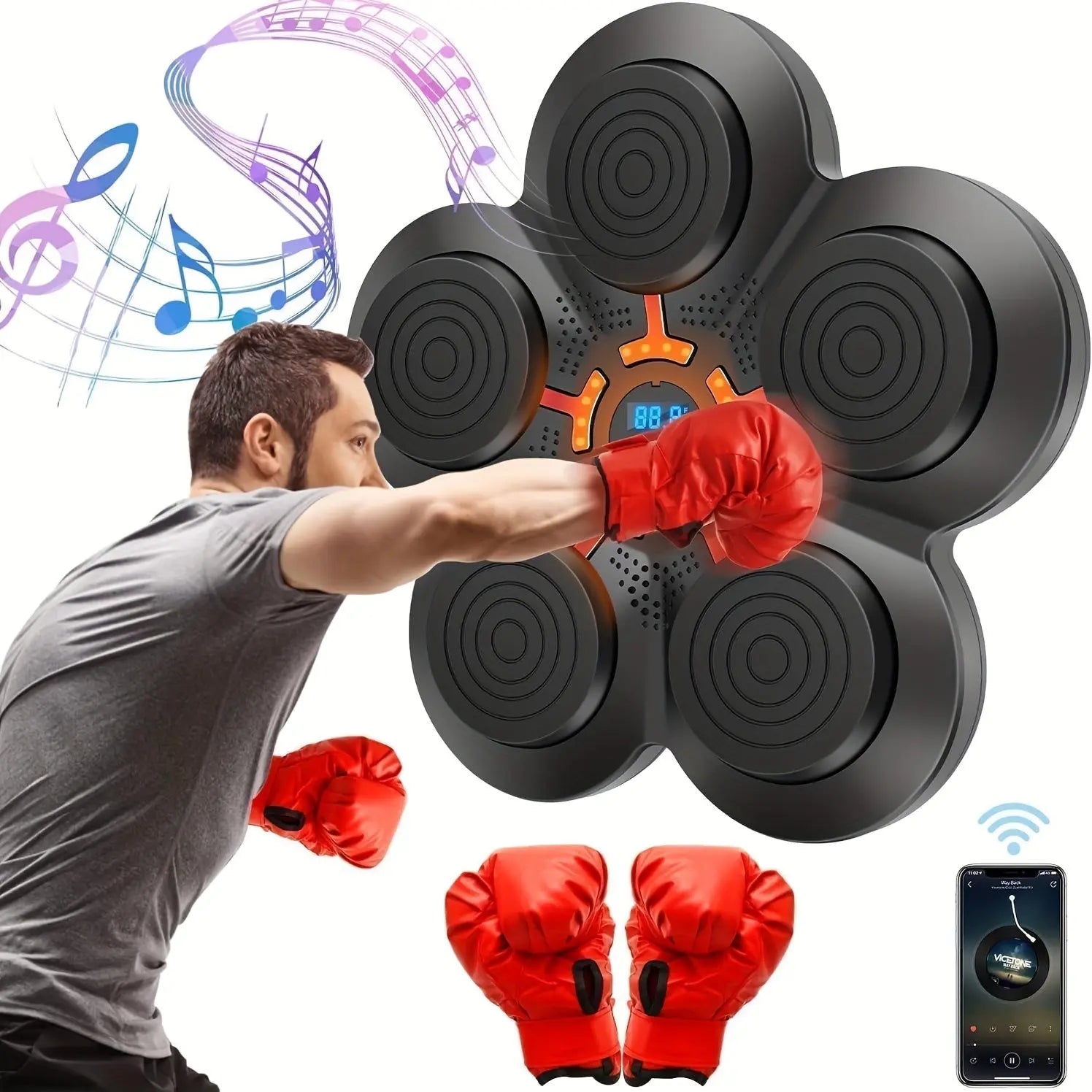 Smart Music Boxing Trainer with Gloves - Wall Mounted Punching Pad Bag, USB Rechargeable, Wireless Enabled, Fun Boxing Game for Youngsters & Adults, Black, Includes Red Gloves, Perfect for Home Workouts & Relax, Home Workout Nova Trendz