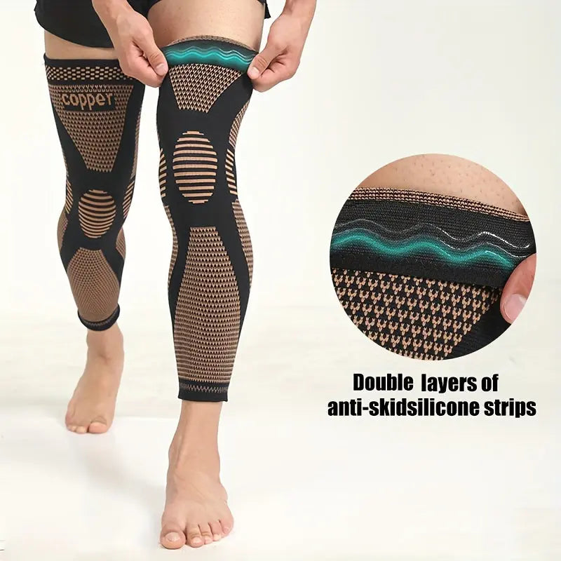 2pcs Extended Copper Ion Fiber Knitted Knee Pad, Copper Fiber Four Sided Elastic Nylon Knee Pads, Thickened For Warmth, Breathable Sports Knee Support For Running, Work Out, Gym, Hiking, Athletic Fitness & Exercise Nova Trendz
