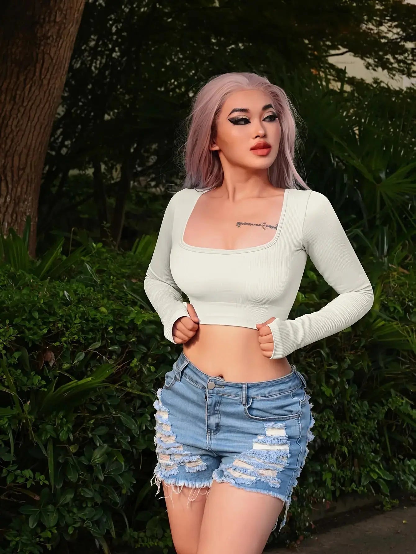 OQQ Women's 2 Piece Crop Top Ribbed Seamless Workout Exercise Long Sleeve Crop Tops Nova Trendz